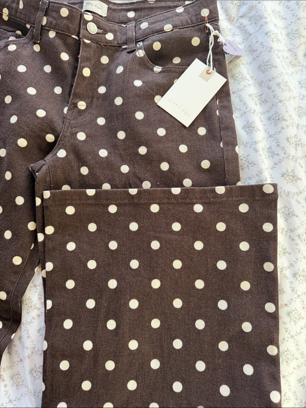 Polka Dot Wide Leg Pants - Brown with Cream Dots - Picture 6 of 7